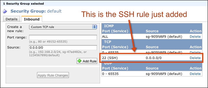 SSH rule added to EC2 default security
group